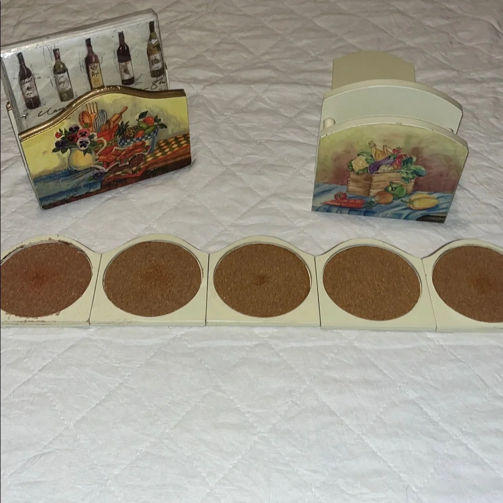Vintage Decorative Painting Wooden Napkin Holder And Coaster Holder Set